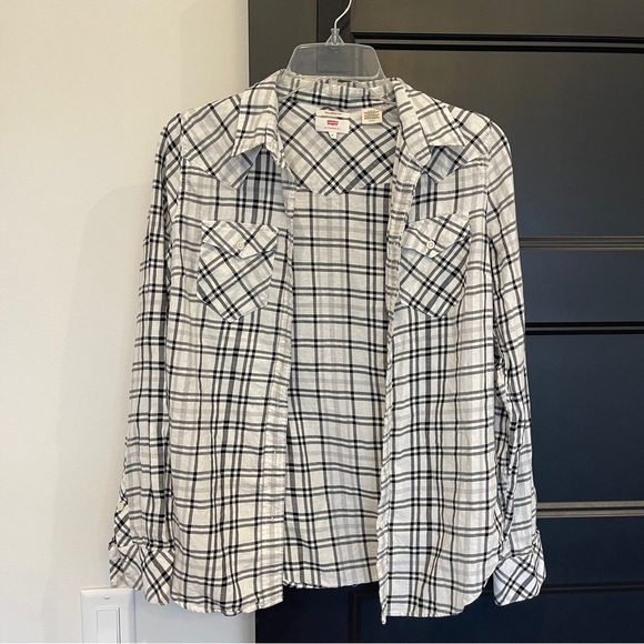 Levis Womens Black and White Tailored Fit Plaid Shirt Button Up Plaid small - Picture 1 of 5